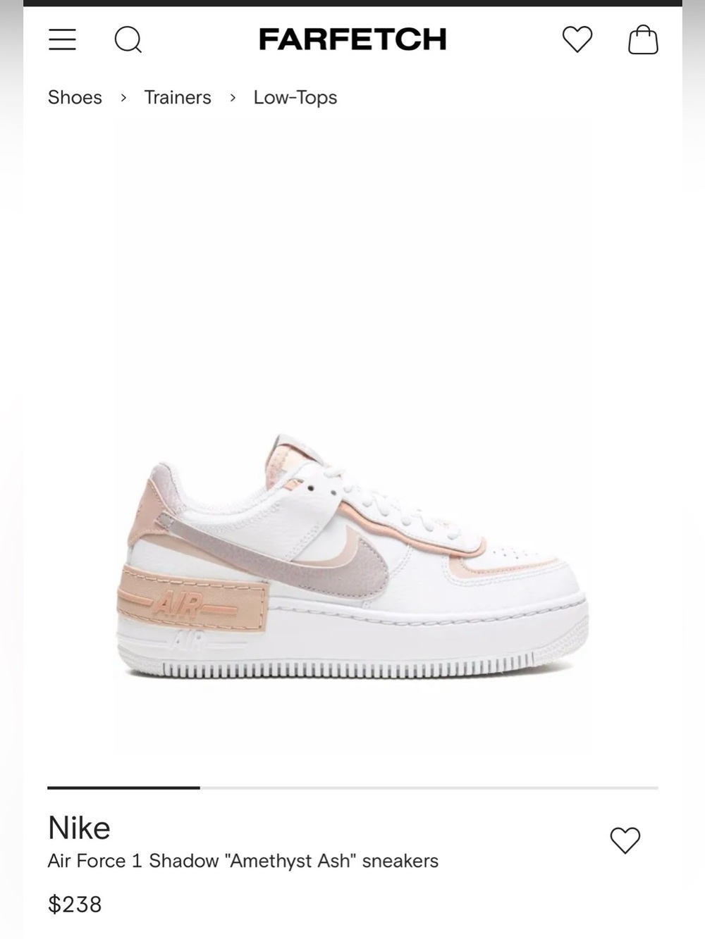 Nike Air Force 1 Shadow in White, Pale Pink & Light Gray